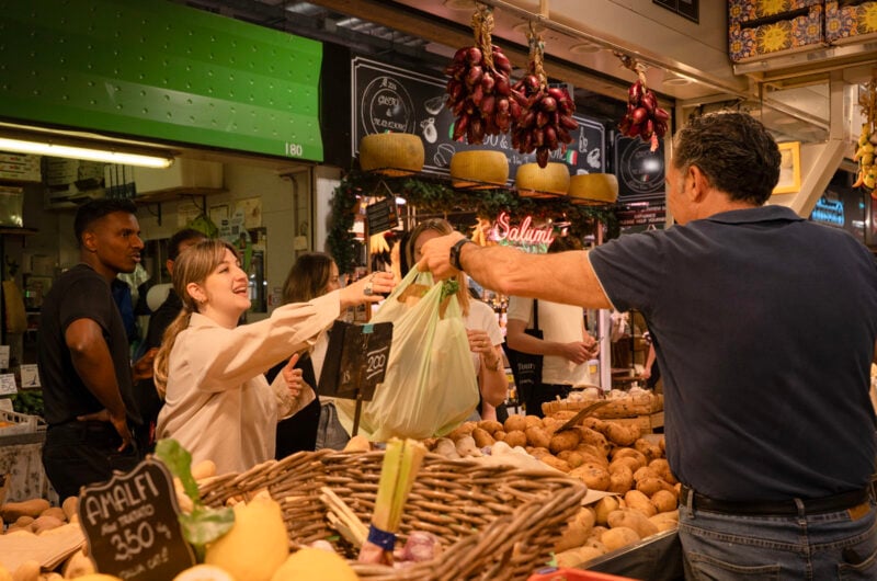 Market, cooking school, gnocchi making, chef, fruit, veggies