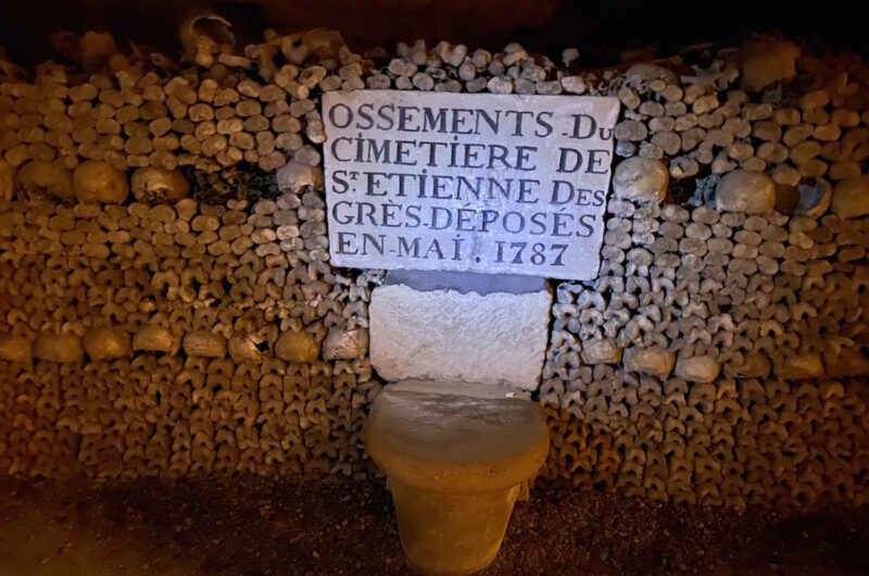 an inscription on a block surrounded by many skulls