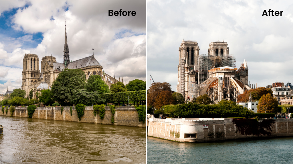 2 photos of Notre Dame, before and after the 2019 fire