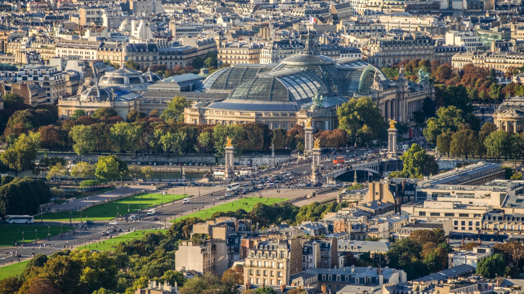 Aerial view of Paris and the domed roof of Gallery Lafayette