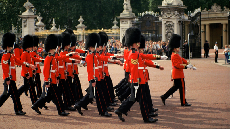 the Queen's Guard marching during the Changing of the Guard