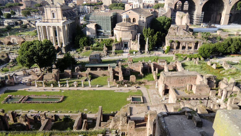 View of the ruins of the Roman Forum from above