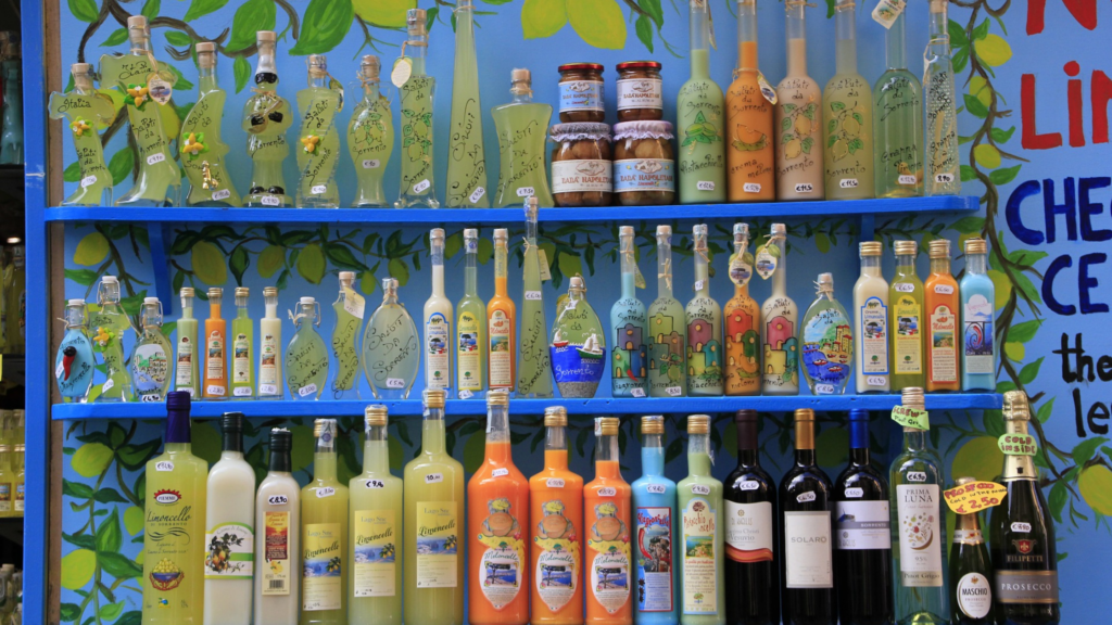 Bottles of citrus liqueurs on the Amalfi Coast