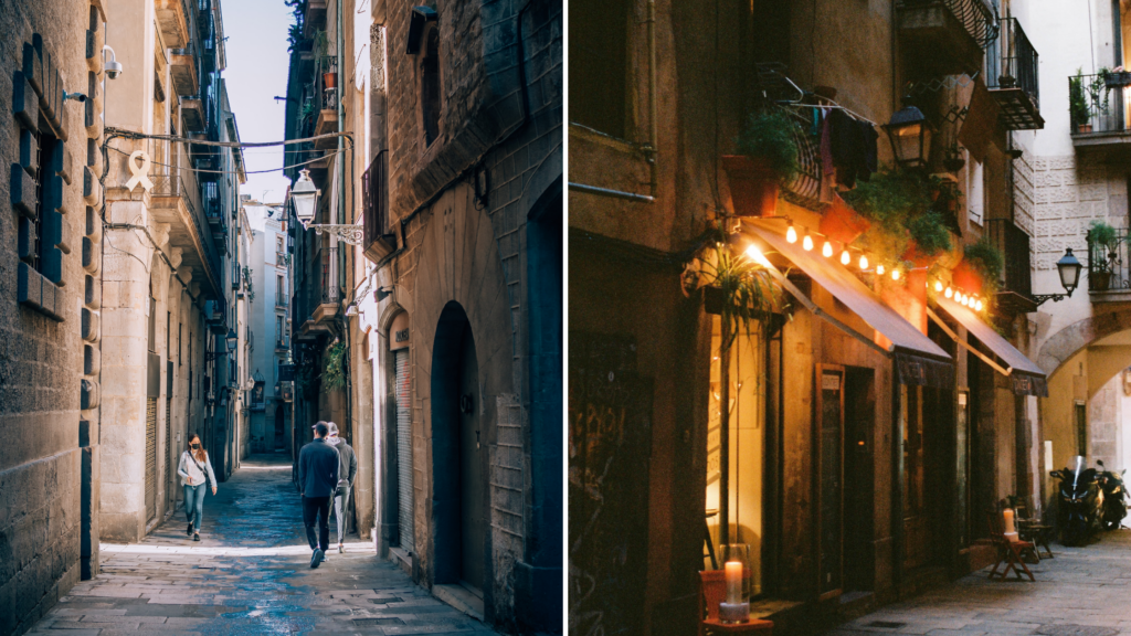 2 views of streets in Barcelona's Gothic Quarter