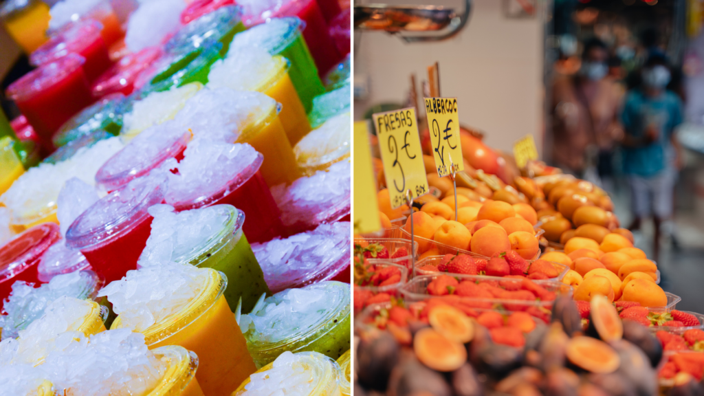 many glasses of different fruit juices and a fresh fruit stall at a market