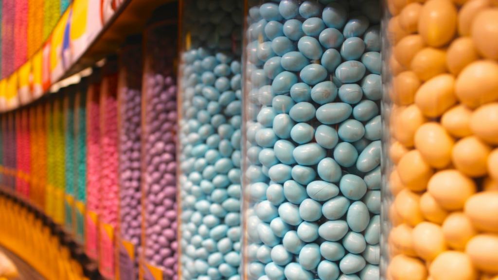 tubes of different colored M&Ms at M&M World, Lonson