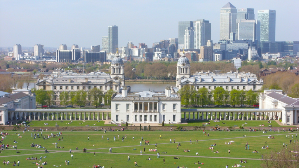 View of Greenwich Park, the Royal Navel College and the City of London