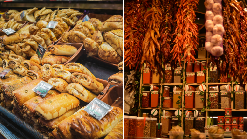2 pictures showing food stalls at La Boqueria in Barcelona