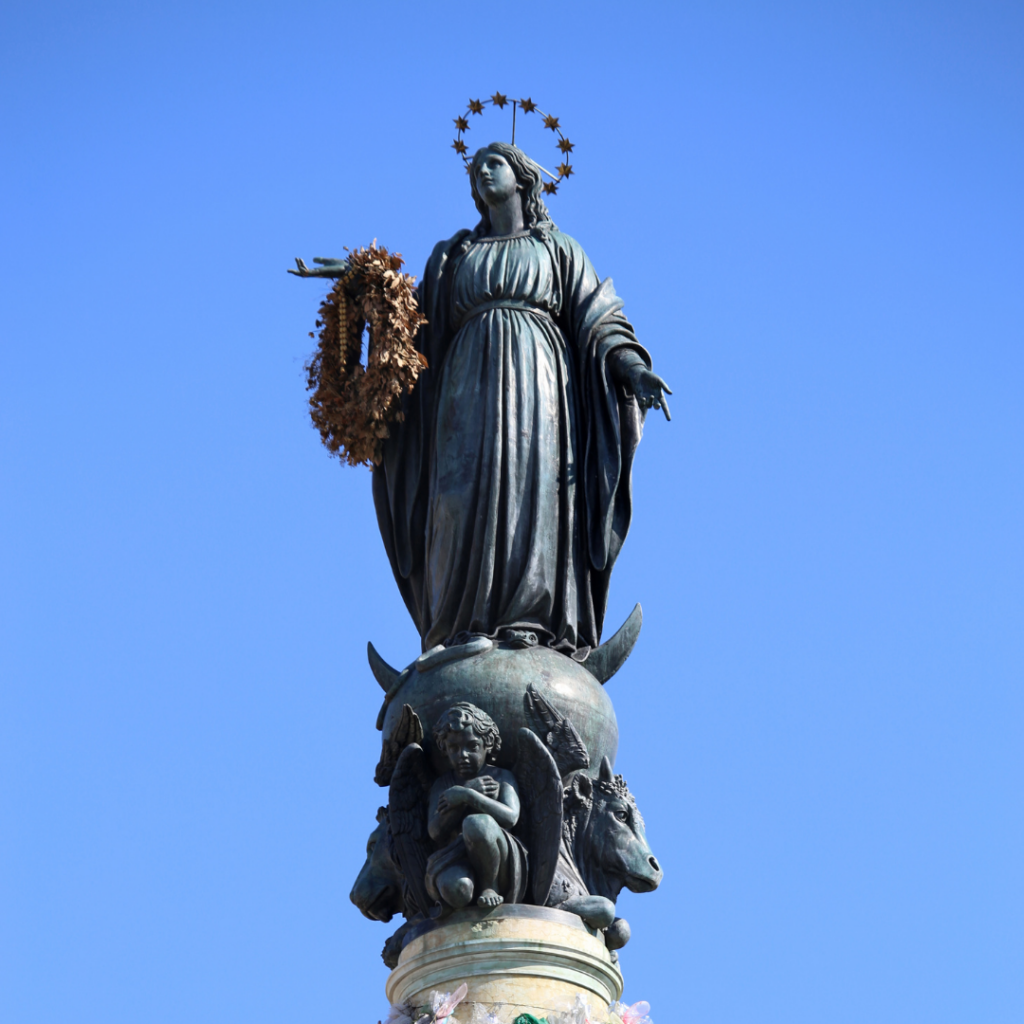 Statue of Virgin Mary with flowers