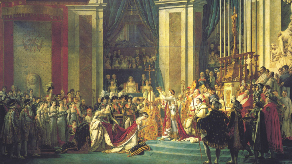 A painting of many people watching a coronation