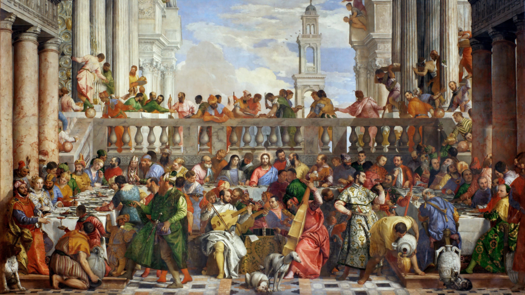 a painting of a large group of people with Christ at the center