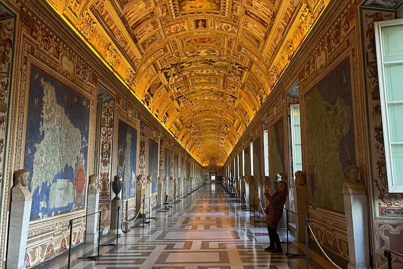 Interior of the Vatican Museums in the Hall of Maps in the early morning without crowds of tourists