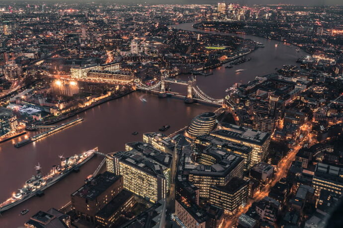 London overhead shot at night
