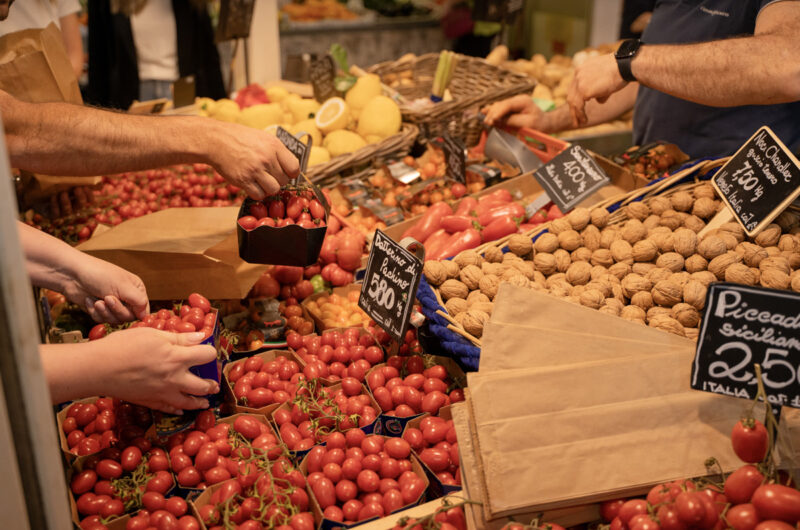 Market, cooking school, gnocchi making, chef, fruit, veggies